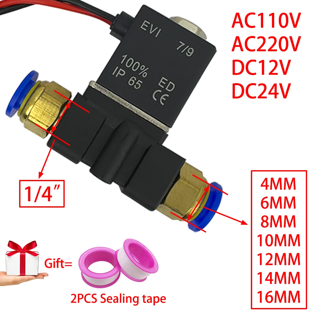 12V 24V 220V Pneumatic Electric Solenoid Valve 2 Position 2 Port Normally Closed Air Magnetic Valve 6mm 8mm Hose Barb Connection