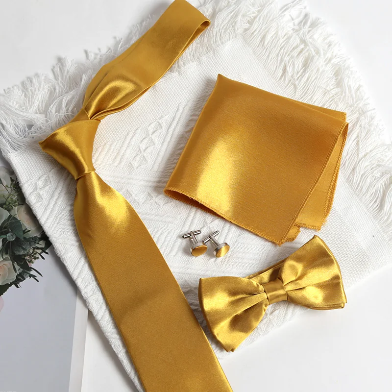 New Mens Ties Classic Solid Gold Color Bow Ties Paisley NeckTie Pocket Square Cufflinks Set Men's Wedding Accessories Party Tie
