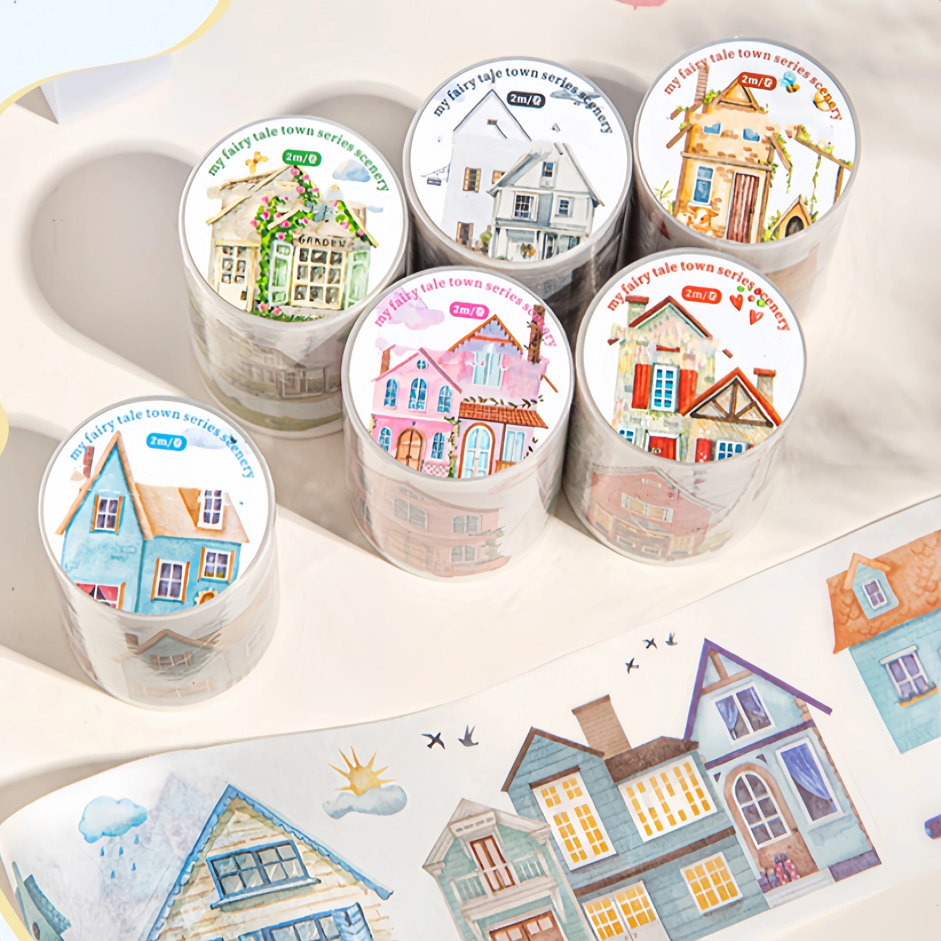 6 Rolls of 6Cm×200Cm Fairy Tale Town Themed Washi Die-Cut Tape - Non-Waterproof, Die-Cut House Scenery Self-Adhesive Stickers Suitable for DIY Scrapbooking, Gift Wrapping, Journals, Luggage, Irregular-Shaped Journals