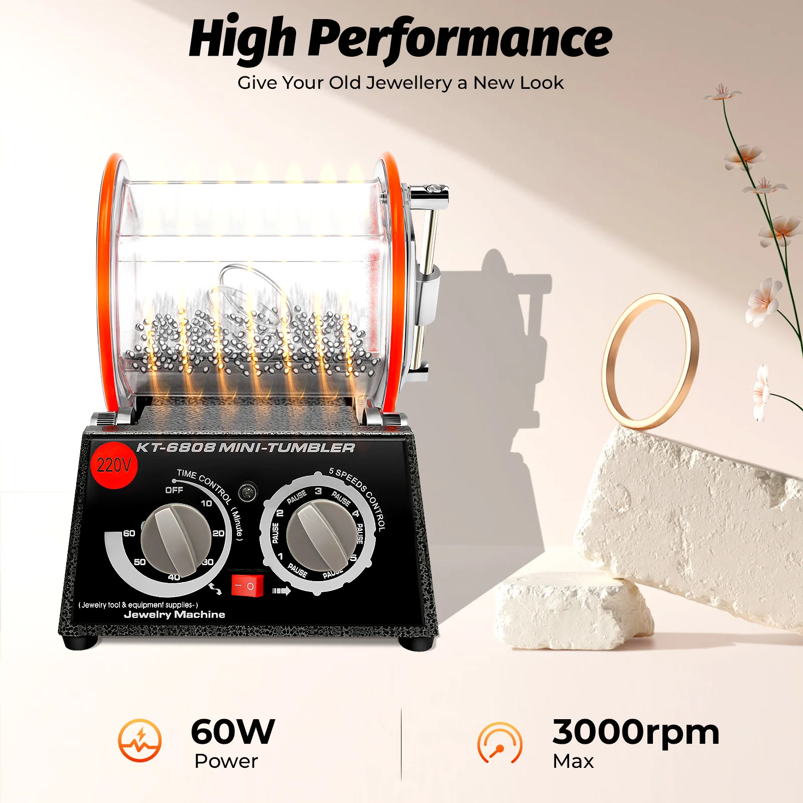 60W/150W Electric Jewelry Polisher, Rotary Tumbler Polishing Machine w/Timer, 5-Speed Adjustable, Polishing Beads (220V EU Plug)