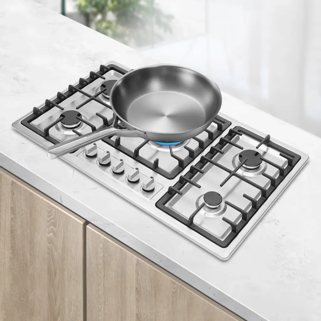 Stainless Steel Built-in Gas Stove 5 Burners Cast-iron Grates Rotary Switch for Homes, Hotels, Restaurants, and Motels