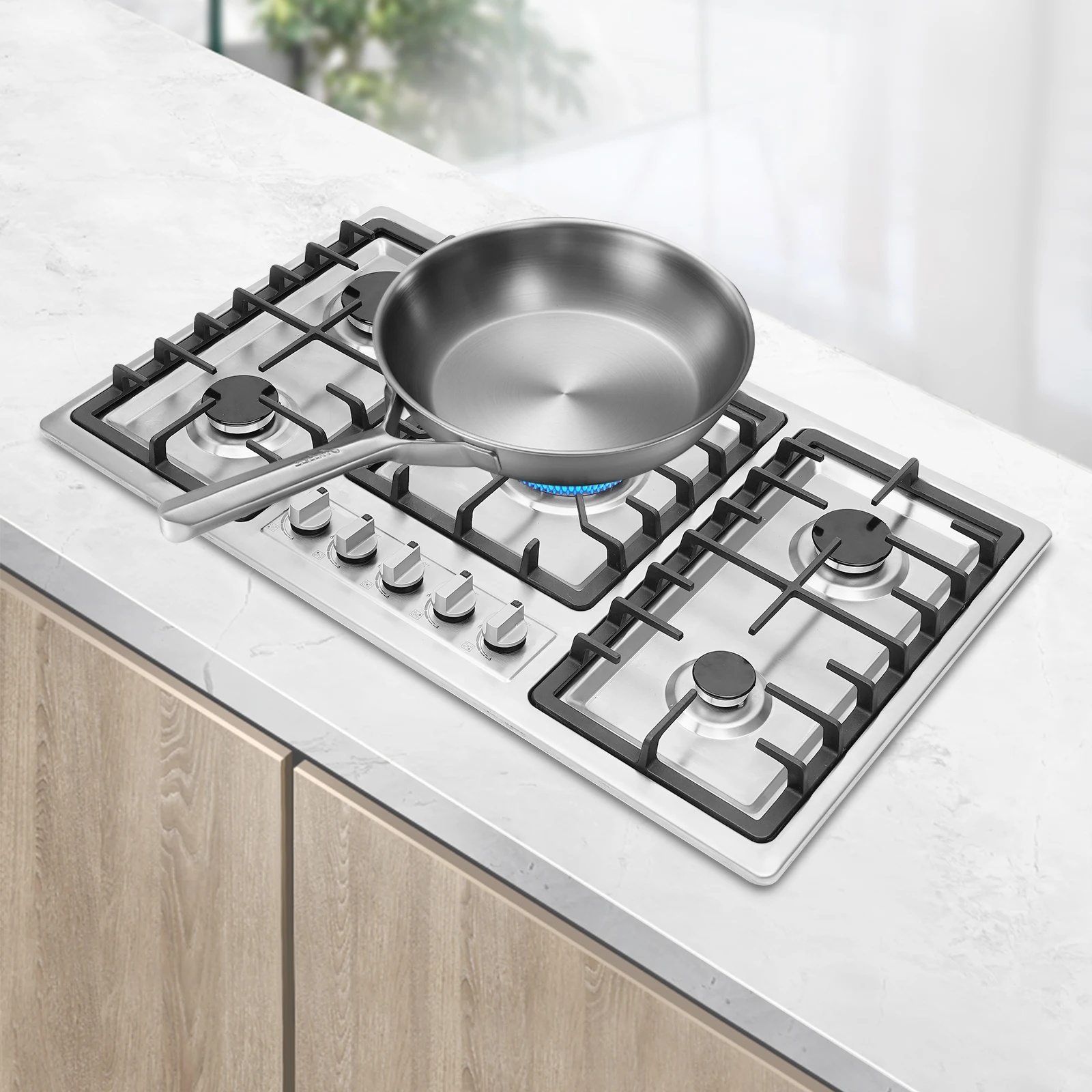 Stainless Steel Built-in Gas Stove 5 Burners Cast-iron Grates Rotary Switch for Homes, Hotels, Restaurants, and Motels