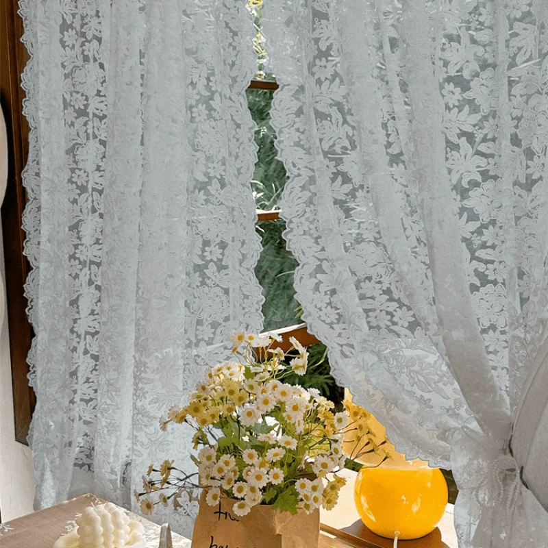 2pcs French Retro Elegant Floral Curtains Semi Transparent Curtains for Living Rooms and Bedrooms Beige Lace Gauze Curtains