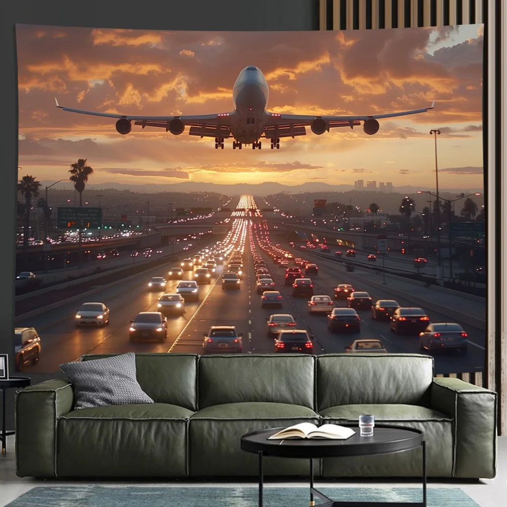 Glam-style airplane printed tapestry on the highway-multifunctional wall hanging decorations for living room, bedroom office