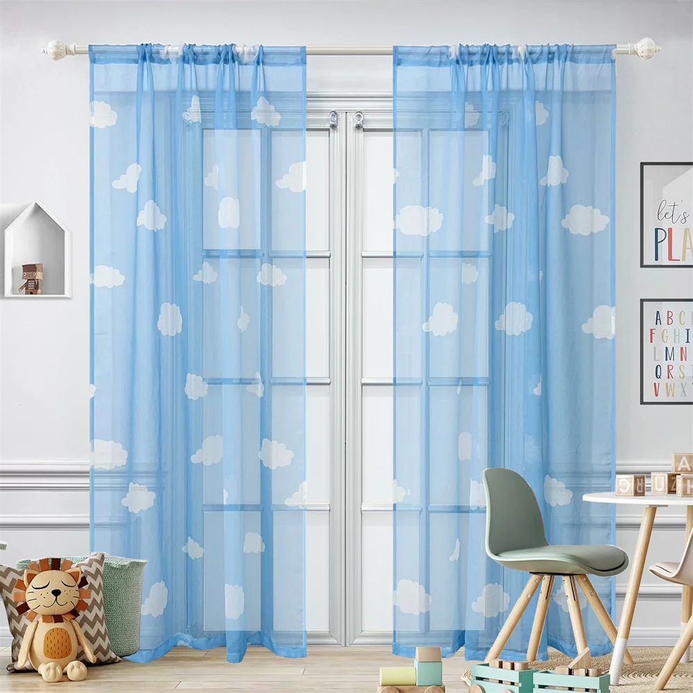 Blue Semi Sheer Curtains Clouds Printed Window Panels for Bedroom Living room Light Filtering Voile Kids Room Decor