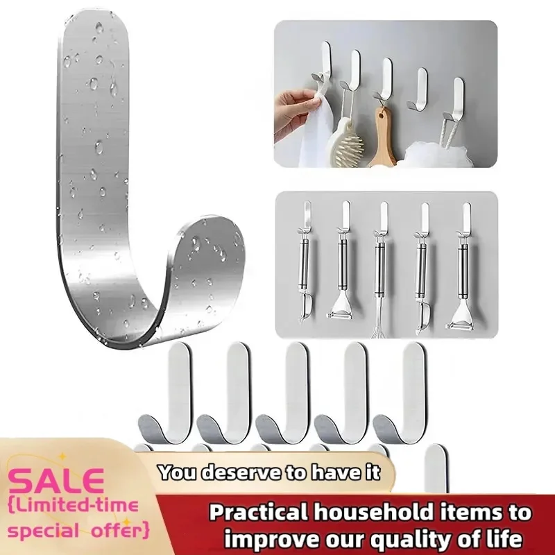 2/4Pcs Kitchen Adhesive Hooks Metal Stainless Steel Wall Hooks Utility J Hook Key Holder Self Adhesive Wall Hook for Shower