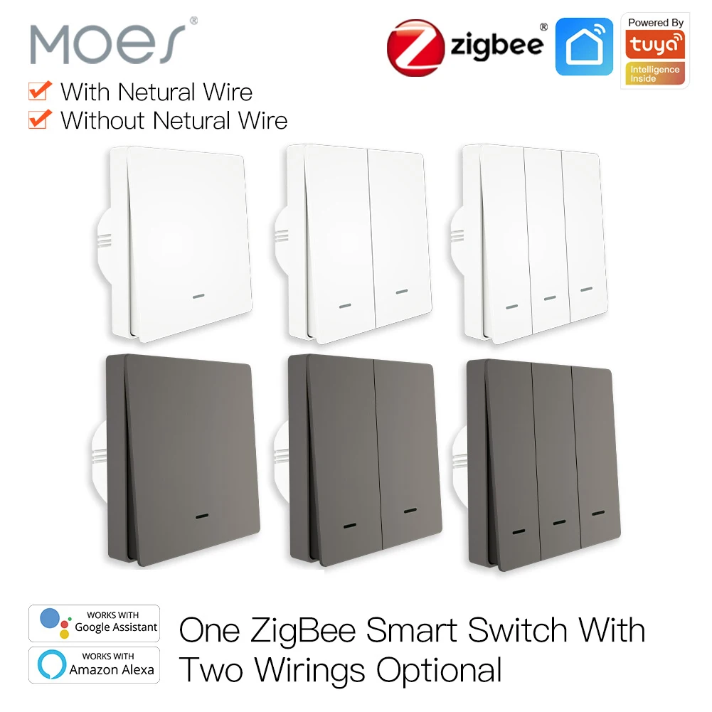 MOES Smart Light Switch Tuya ZigBee No Neutral Wire No Capacitor Needed Smart Life 2/3 Way Works with Alexa Google APP Remote
