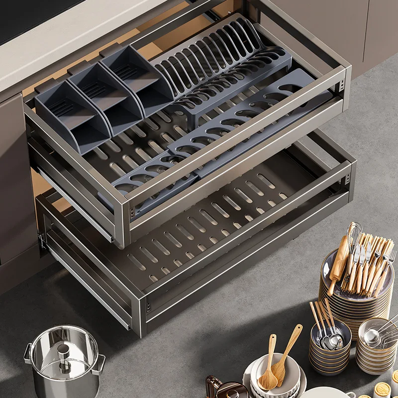 Pull Basket Kitchen Cabinet Light Luxury Stainless Steel Double-layer Drawer Bowl Rack Storage