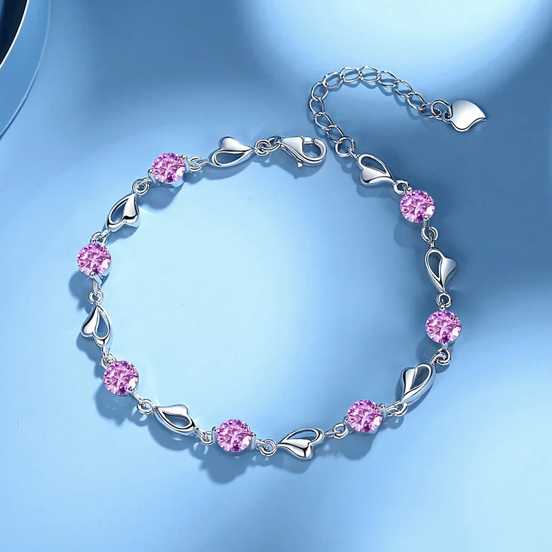 925 Sterling Silver Heart Shaped Bracelet For Women Retro Korean Versatile Pink Crystal Charm Bracelets Original Party Jewelry