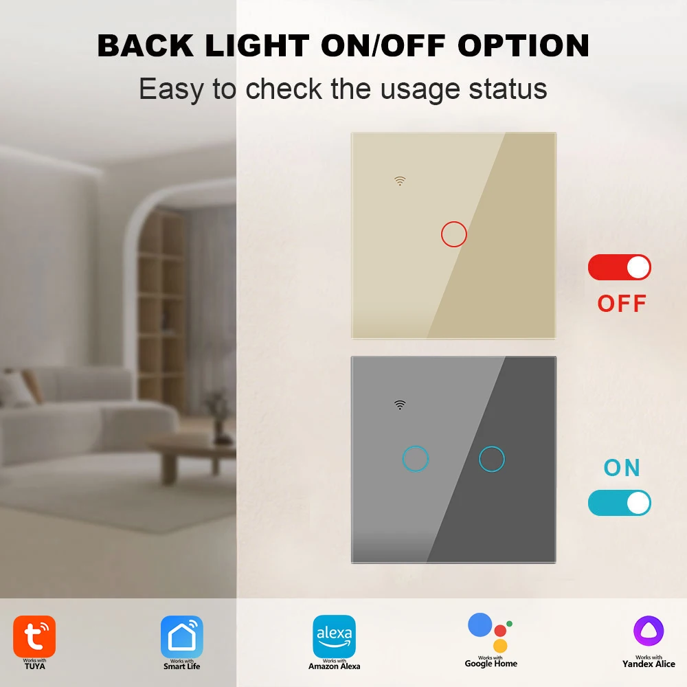 EU Smart WiFi Switch Touch Control Single/Neutral Wire Universal Tuya Smart Life Remote APP Control Gold Gray