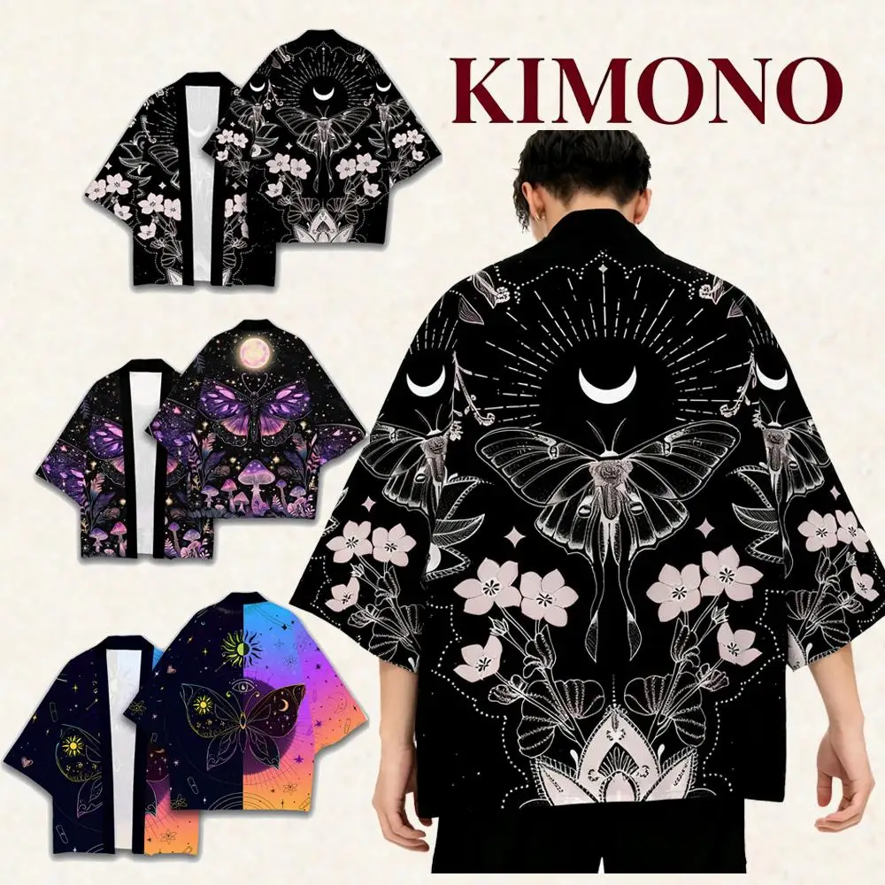 Japanese Traditional Style All-over Print Kimono Unisex Harajuku Casual Vacation Beach Cardigan Yukata Butterfly Floral Clothing