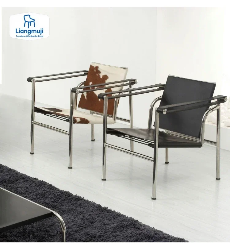 LC1 Lounge Leisure PU Leather Cow Leather Stainless Steel Frame Chair for Living Room Corbusier Bauhaus Style Armchair Chair