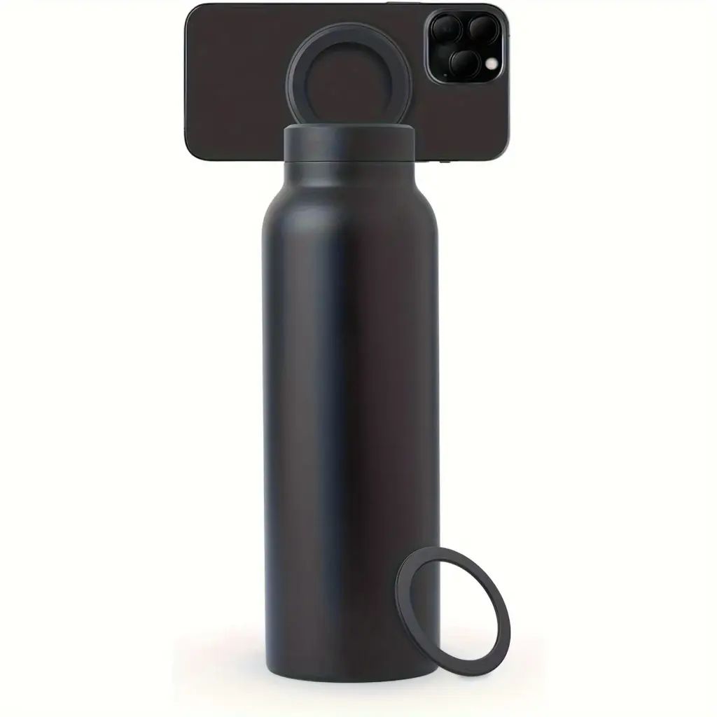 Stainless Steel Water Bottle with Phone Holder - Insulated, Foldable Tripod Stand for Outdoor, Car, Selfie Use - 700ml