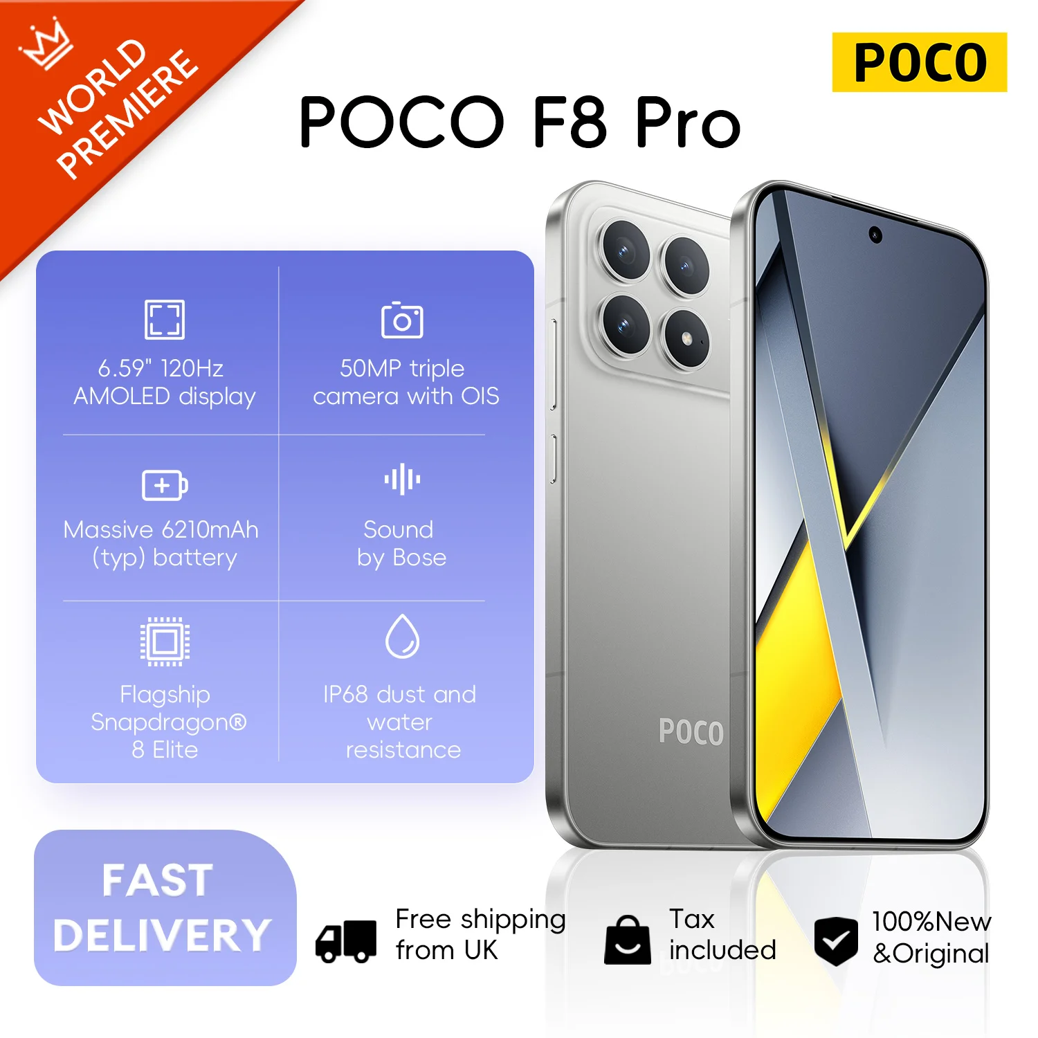POCO F8 Pro 5G 12+512GB Dual eSIM 6.59" 120Hz Eye-care AMOLED Display 3nm Flagship Snapdragon® 8 Elite 50MP 6210mAh 100W NFC