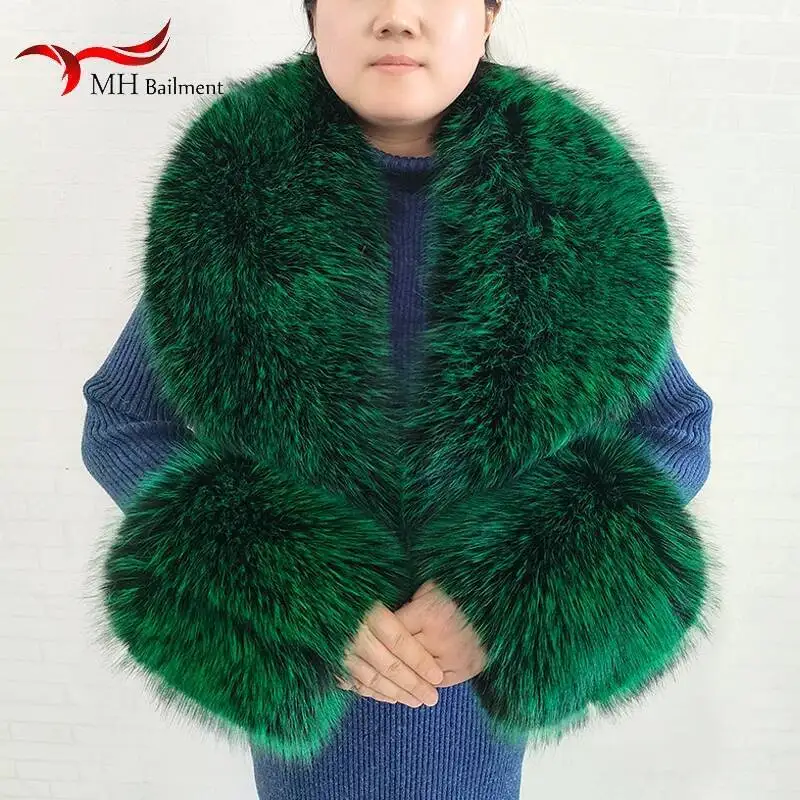 Large Winter Faux Fox Fur Scarf Women Jackets Warm Fluffy Shawl Fashion Artificial Fur Collar And Cuff Set Fluffy Scarves Female