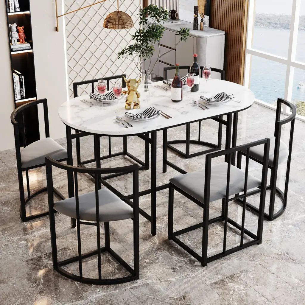 PINGGO Modern Dining Table Combination, Six-Chair Dining Table Set ,Dining Room Table and Chair Set, White Table Gray Chairs