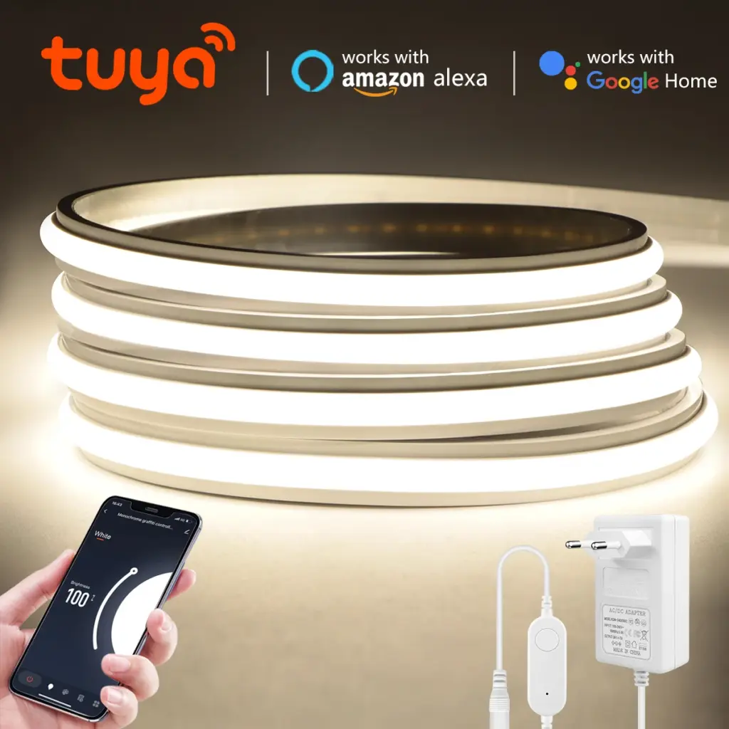 Alexa Silicone 24V Cob LED Strip Tuya Smart Home Wifi Lights Self Adhesive Neon Tape With Dimmable LED Dimmer Controller 5m 10m