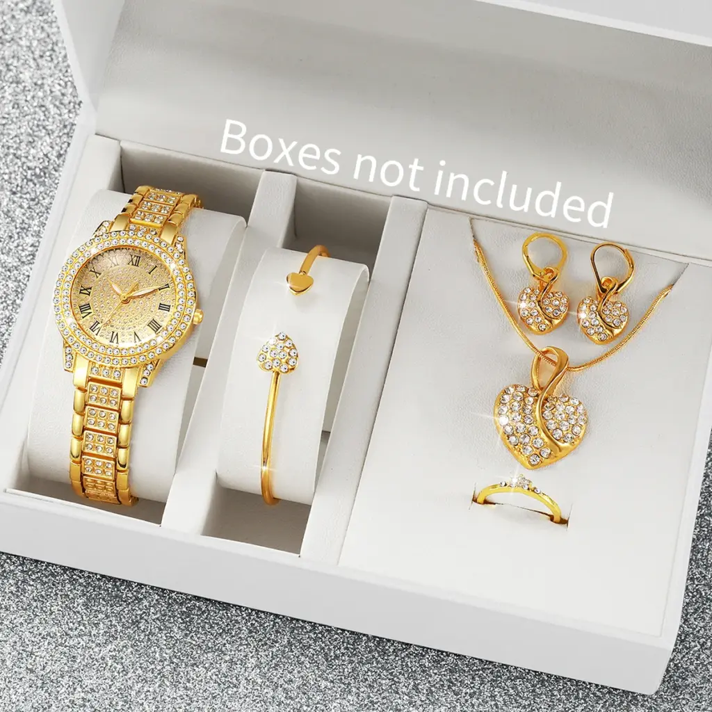 2/6PCS Luxury Diamond Women Watches Ladies Roma Dial Quartz Watch With Heart Jewelry Set Reloj Mujer (Without Box)