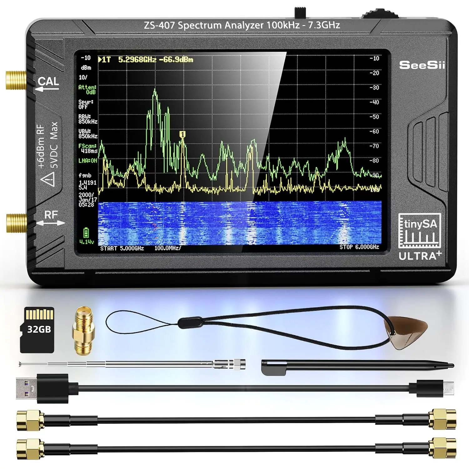 SeeSii TinySA Ultra+ ZS407 7.3GHz Spectrum Analyzer HW V0.5.4 100kHz-7.3GHz Tiny Frequency Analyzer 2-in-1 RF Signal Generator