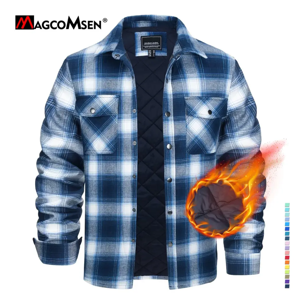 MAGCOMSEN Flannel Shirt with Quilted Lined Jacket Mens Long Sleeve Plaid Shirt Coat Button Down Outerwear Winter Male