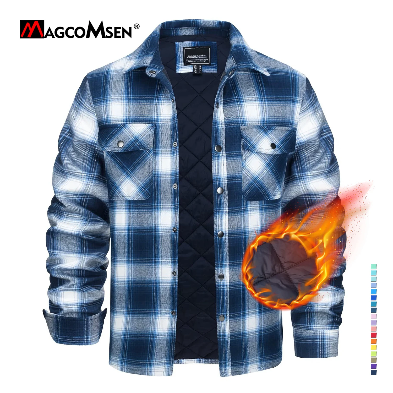 MAGCOMSEN Flannel Shirt with Quilted Lined Jacket Mens Long Sleeve Plaid Shirt Coat Button Down Outerwear Winter Male