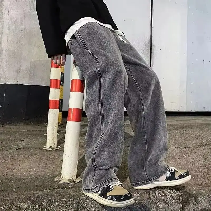 2026 New Streetwear Loose Jeans Men Korean Style Fashion Loose Straight Wide Leg Pants Men's Brand Clothing Black Light Blue