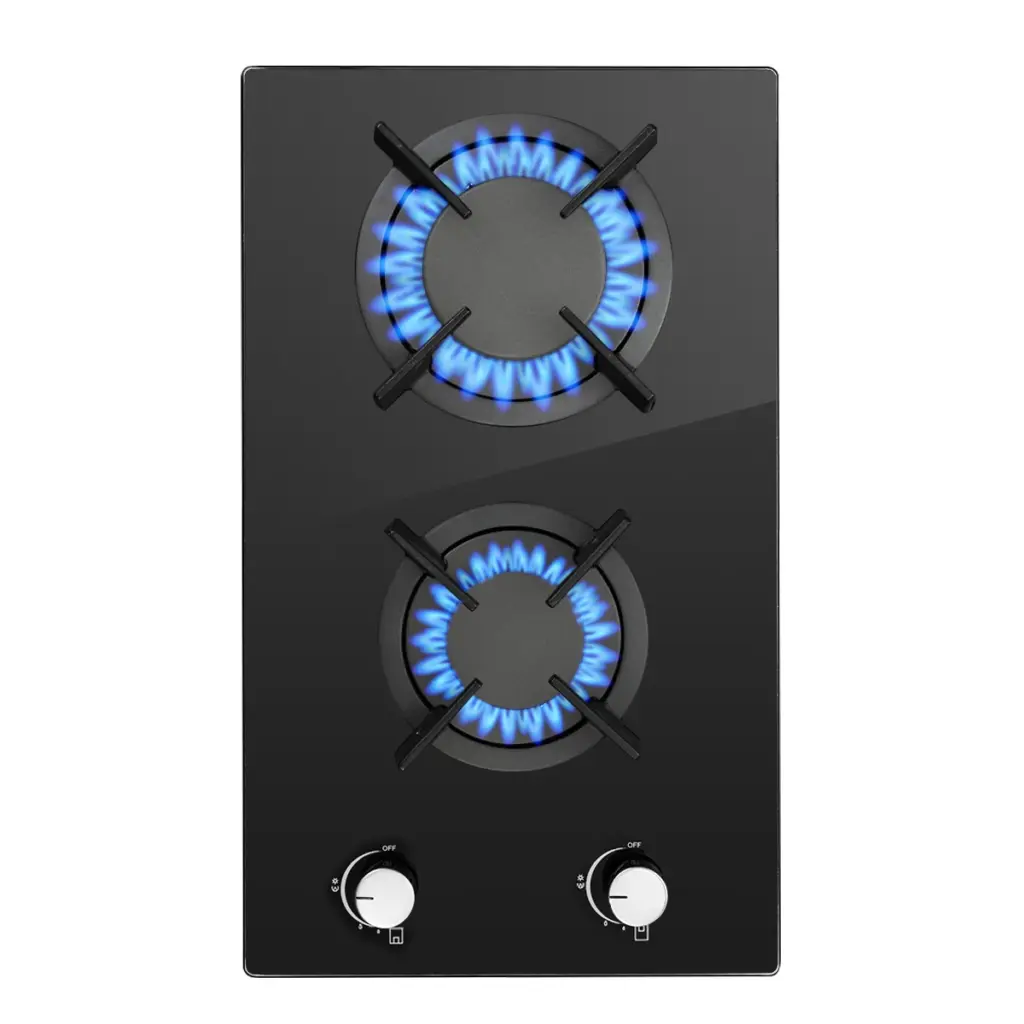 30cm Gas Hob | Flame Failure Protection & Dual Fuel NG/LPG | 2400W/1800W Compact with Cast Iron Grates Black Glass