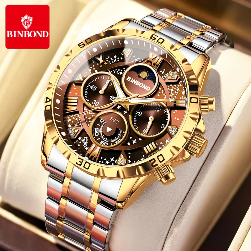 BINBOND Luxury Fashion Men Watches Multi-functional Stainless Steel Original Quartz Wristwatch Moon Phase Chronograph Waterproof