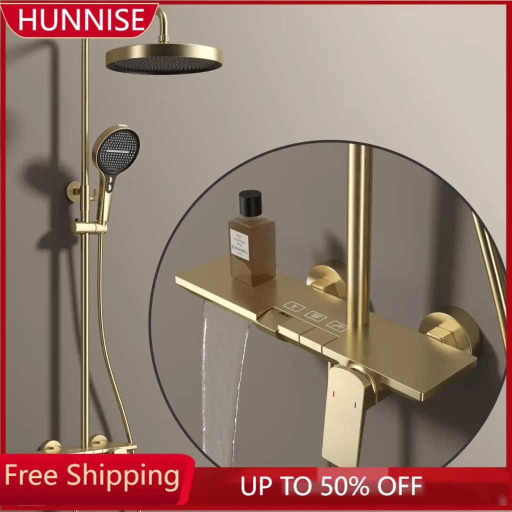 Brushed Gold Piao Bathroom Shower System Set Brass Waterfall Bathroom Faucet 12 Inch Rain Shower Head Hot Cold Piano Shower Set