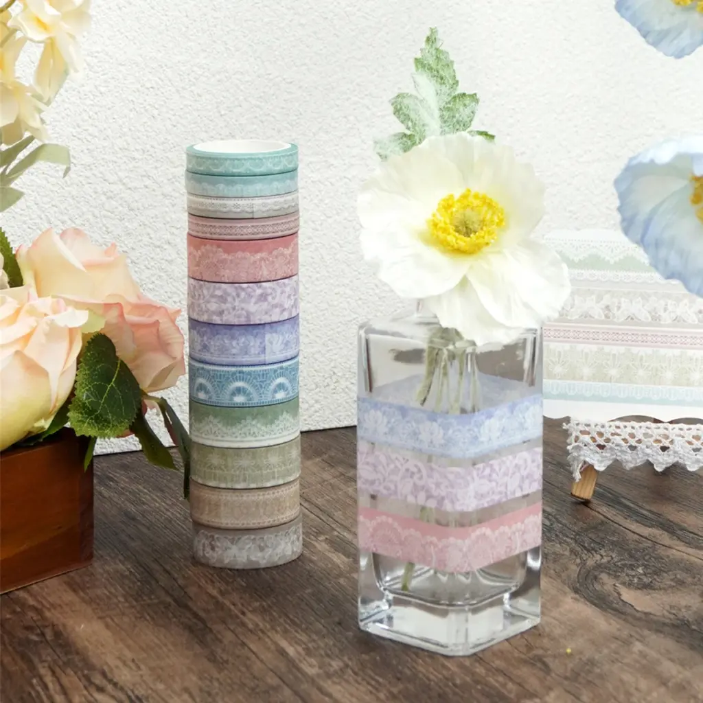 Lace Washi Tape Set 12 Rolls, Pastel Decorative Paper Tape for Journal Planner Scrapbook, DIY Arts Crafts Scrapbooking Supplies