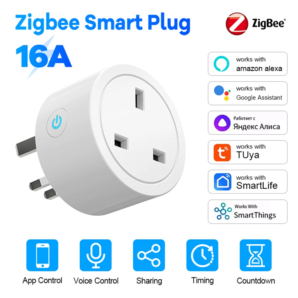 Zigbee Smart Plug 16A UK Socket Works With Alexa Google Home Energy Monitor Timer Remote Control for Electrical Sockets Tuya APP