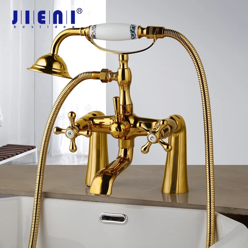 JIENI Bathtub Shower Faucet 2 Handles Telephone Style Faucets Multiple Style Deck Mounted Hot Cold Tap W/ Handheld Showerhead
