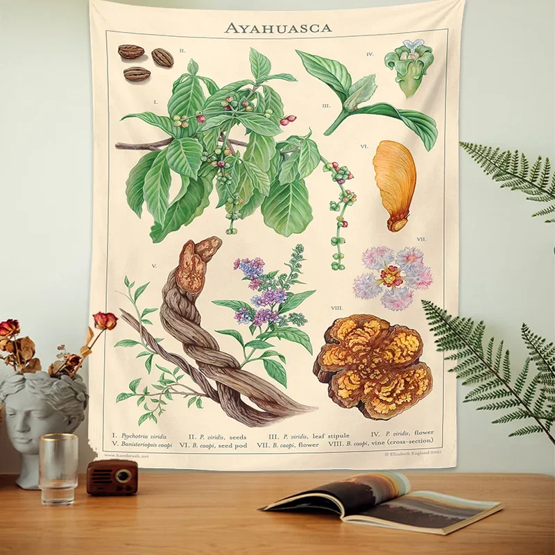Ayahuasca Botanical Tapestry Wall Hanging Vintage Print Floral Illustration Flower Reference Chart Wall Cloth Art INS Home Decor