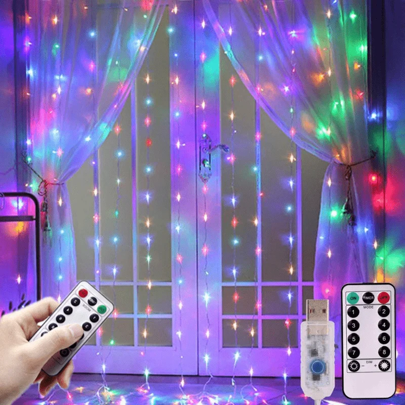 100/200/300 LED Christmas USB Curtain String Fairy Lights 8 Mode 3M LED Garland Remote For Party Garden Home Wedding Decoration