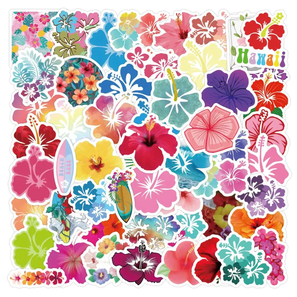 10/30/60pcs Fresh Hibiscus Flower Stickers Laptop Bicycle Guitar Skateboard Sticker DIY Graffiti Waterproof Stickers Toy
