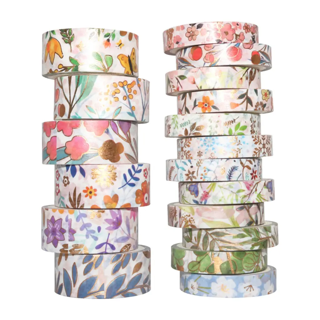 【HOT NEW】18 Rolls Washi Masking Tapes Set Floral Gold Foil Adhesive Decorative Paper Tape for DIY Arts & Crafts