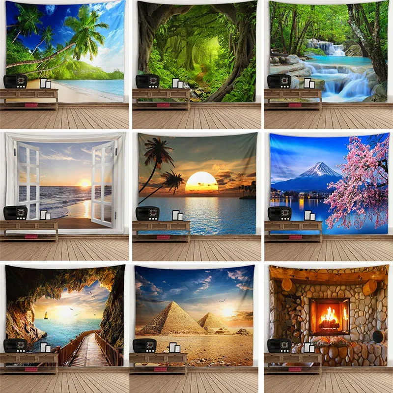 VIKAMA Window View Tapestry Wall Hanging Bedroom & Living Room Wall Decor Backdrop Tree Hollow Stove Hanging Large Tapestry