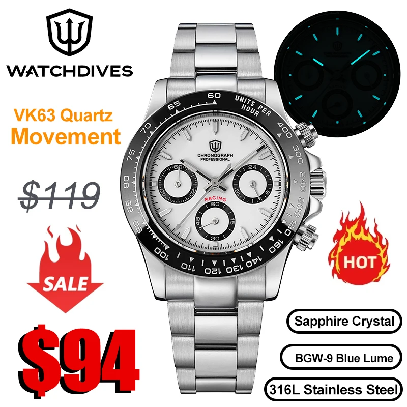 Watchdives WD16500 V2 Men Watch VK63 Quartz Movement Chronograph Wristwatch Stainless Steel Sapphire Crystal Luminous Watches