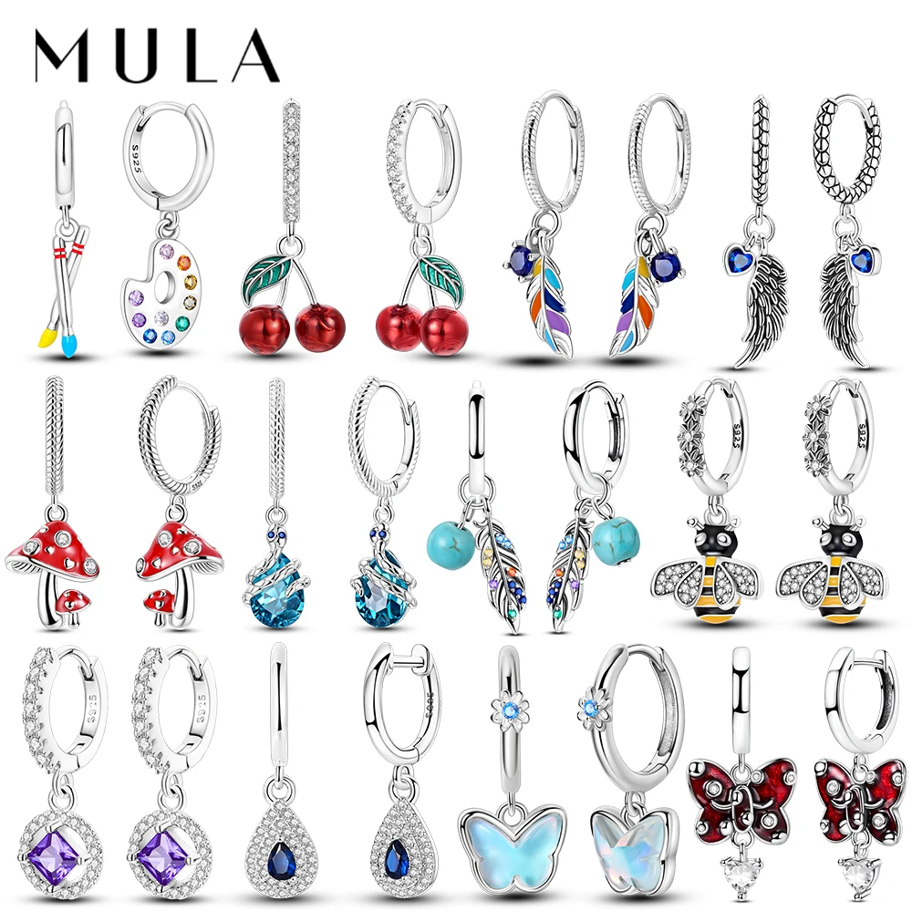 MULA 925 Sterling Silver Cherry Feathers Bee Ear Earrings Hoop Earring For Woman Zircon Original Pendientes Fine Jewelry