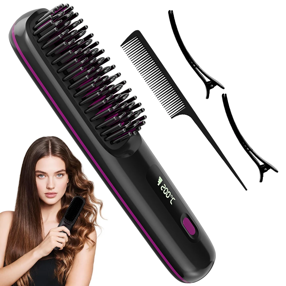 Rechargeable Hair Straightener Brush, Ionic Straightening Comb with 20s Fast Heating, 3 Temp Settings & Auto-Off for Home Salon