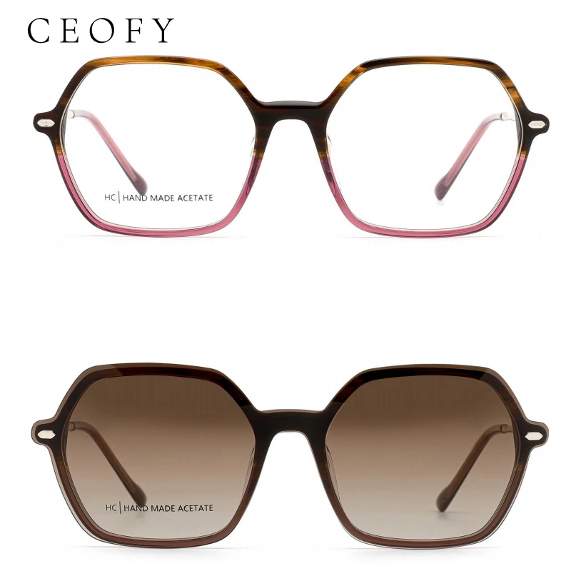 Ceofy New Acetate Women Fashion Hexagon Glasses Frame Polarized Sun Cap Magnet Optical Sunglasses Prescription Eyeglasses Frame