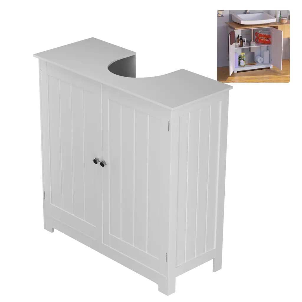 BRIEFNESS Waterproof Under Sink Bathroom Cabinet with 2 Doors Wooden White Cupboard, Space Saver Adjustable Shelf
