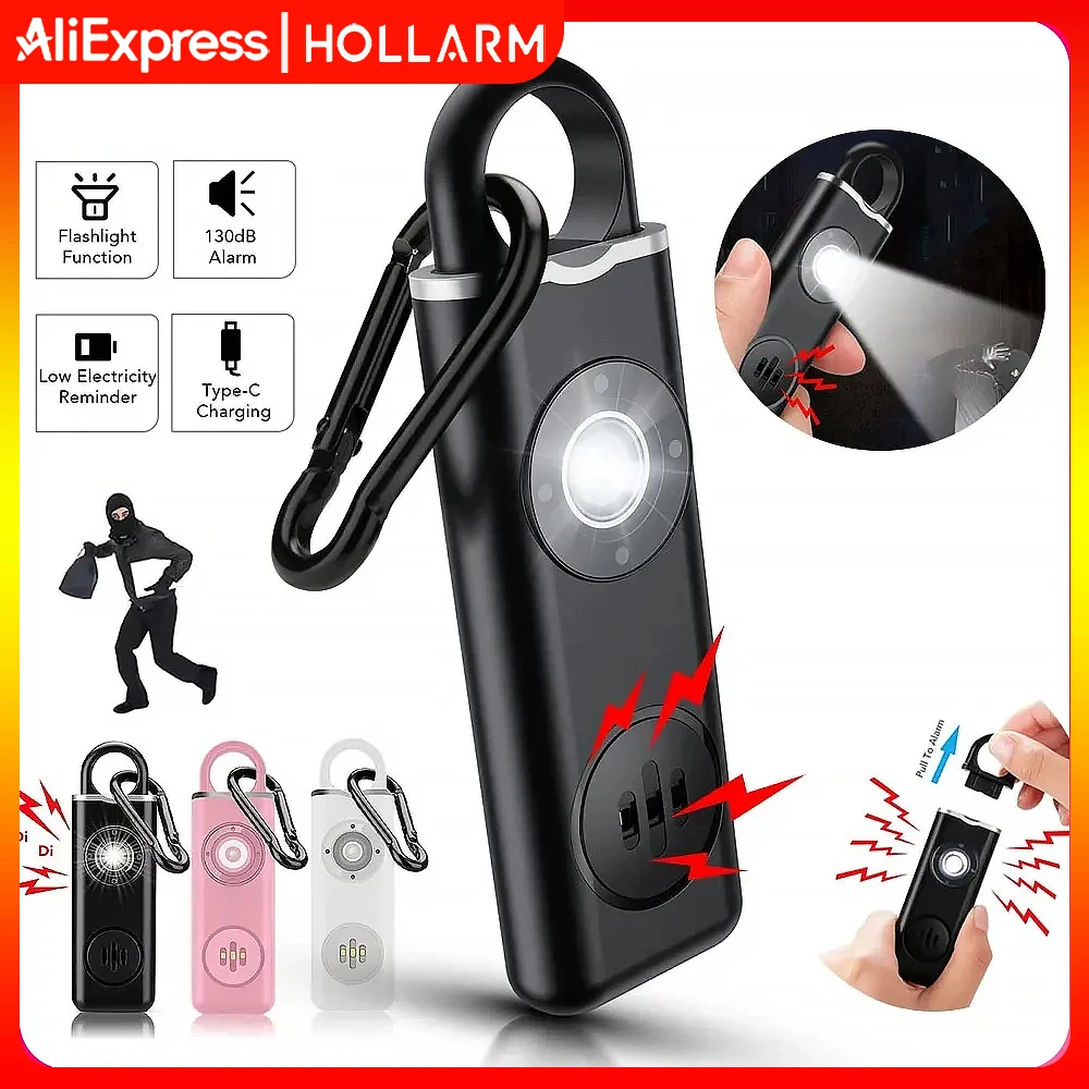 Hollarm Siren Self Defense Personal Alarm for Women, Children, Elderly 130dB Loud Rechargeable Keychain Alarm with LED Light