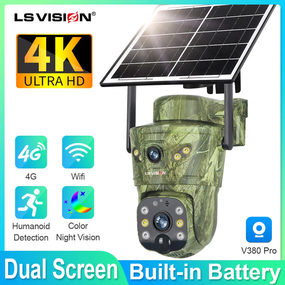 LS VISION 2 Lens 8MP 4G Solar Security Camera WiFi Wireless Outdoor Human/Animal AI Detection Waterproof Wildlife Cctv Night