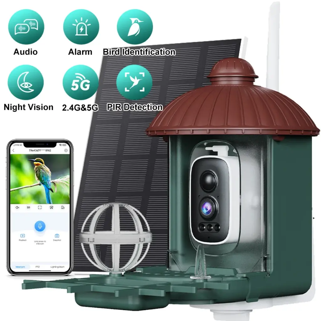 Smart WiFi Bird Feeder with Camera Birds Wildlife Monitoring Audio Video Night Vision PIR Motion Detection Bird Identification