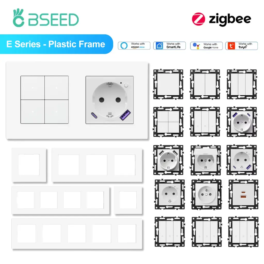 BSEED Zigbee 1/2/3/4Gang Smart Light Curtain Shutter Dimmer Switches Mechanical Buttons EU Sockets USBC DIY Parts Plastic Frames