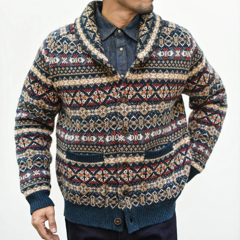 Sauce Zhan Men's Sweater Fair Isle Lambswool Cardigan Sweater for Winter Warm Premium Lambswool Jacket Skin-friendly Loose Fit