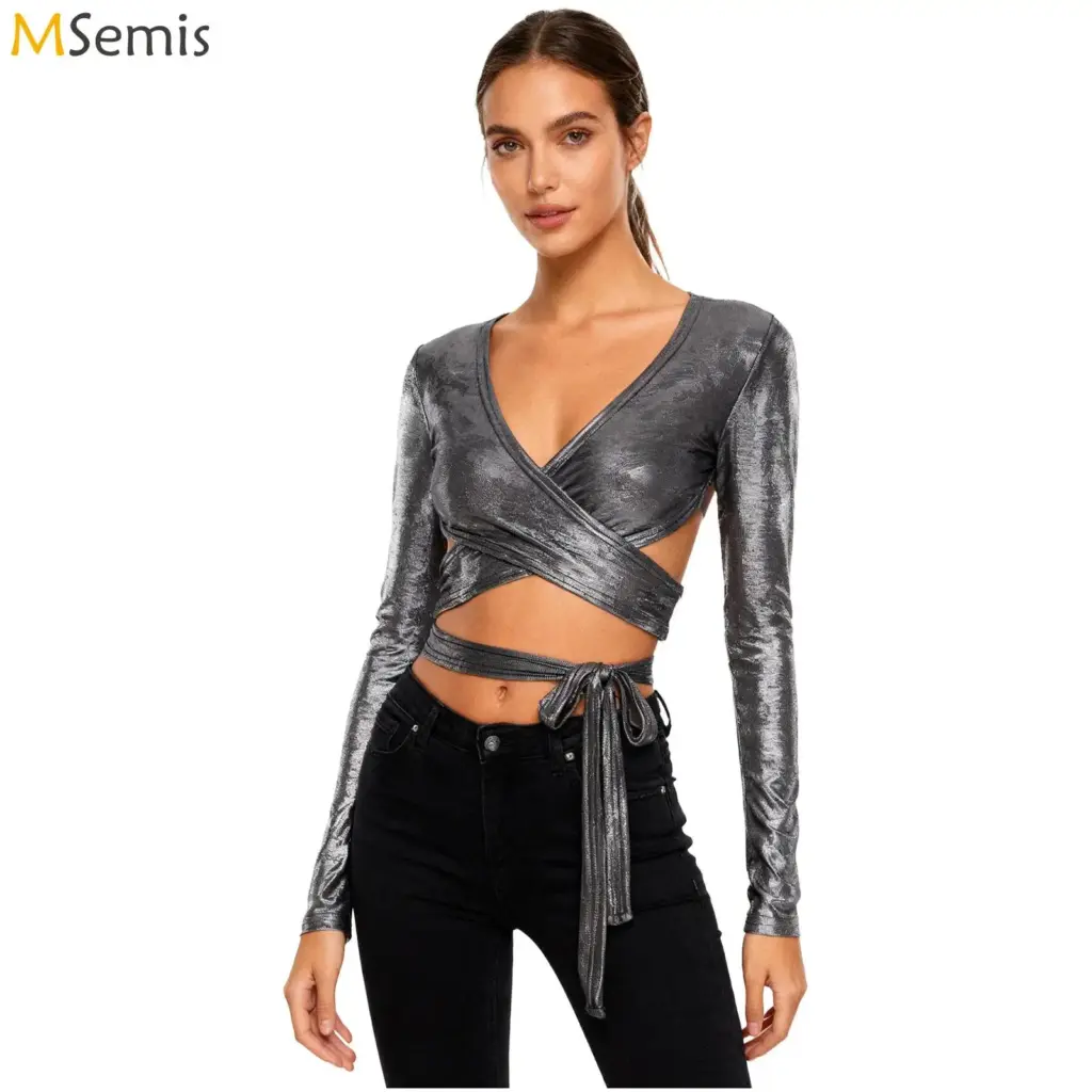 Womens Long Sleeves Crop Tops Jazz Hip-hop Dance Performance Costume Wrap Front Tying Bottom Shimmering Cardigan Top Clubwear