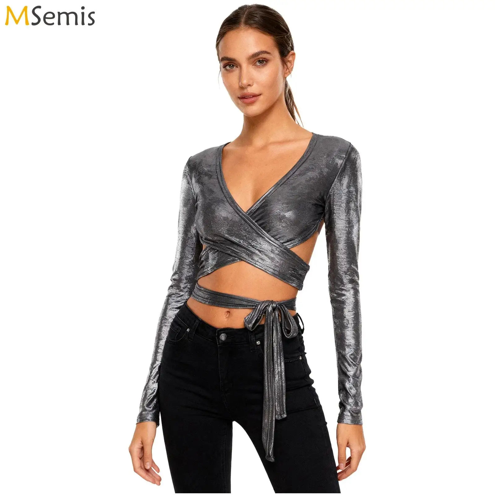 Womens Long Sleeves Crop Tops Jazz Hip-hop Dance Performance Costume Wrap Front Tying Bottom Shimmering Cardigan Top Clubwear