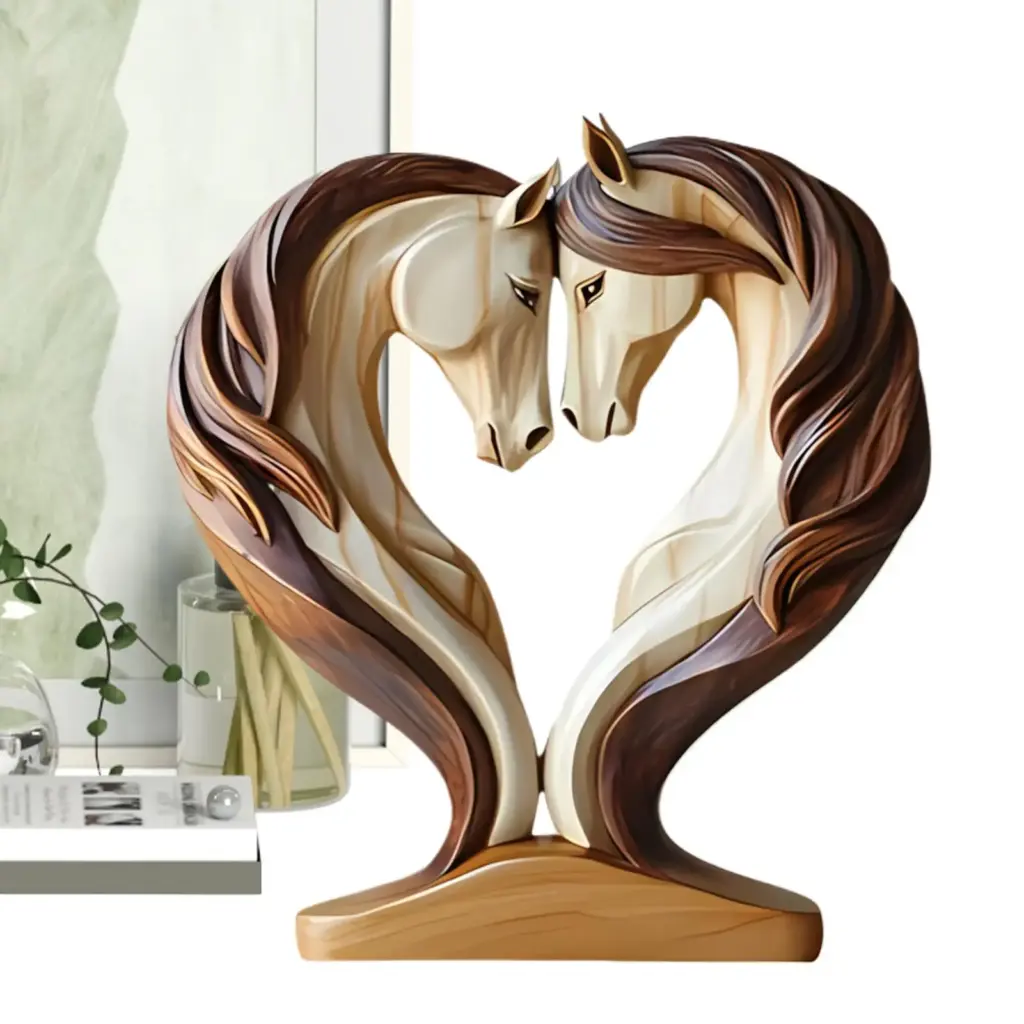2D Wood Horse Statue Desk Decor Snuggle Pose Animal Sculpture for Workplace Exhibition Hall Shelf Living Room Entrance